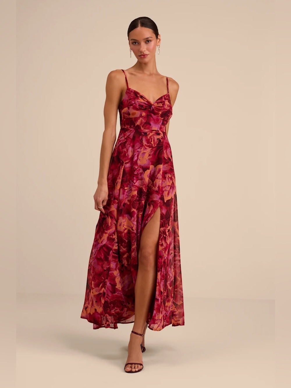 Lulus Beautiful Soul Burgundy Floral Print Twist-Front Maxi Dress Size Medium